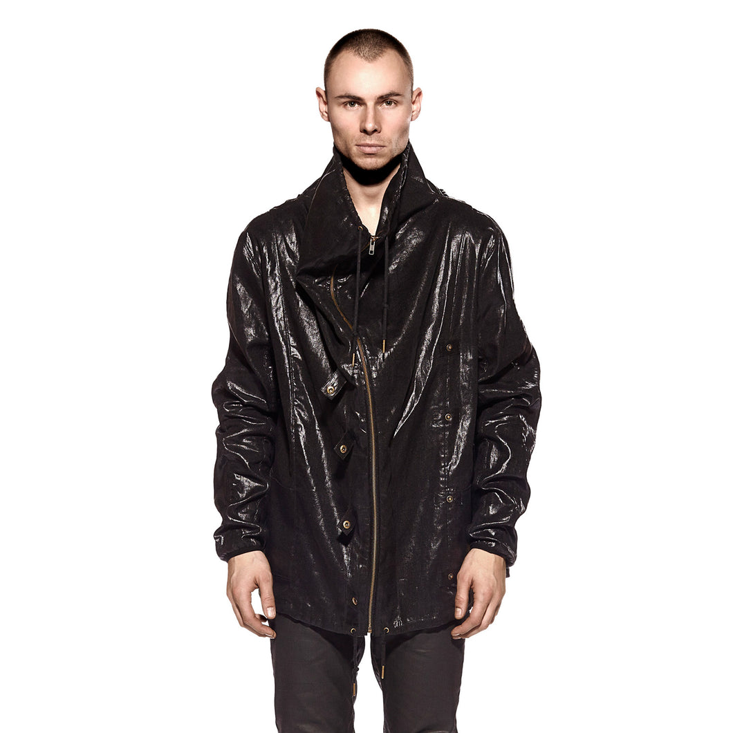 THE COATED LINEN CONVERTIBLE JACKET - BLACK